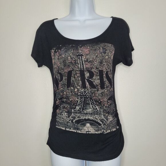Y2k black mcbling Paris Eiffel tower graphic grunge ruched side baby tee - Picture 1 of 6